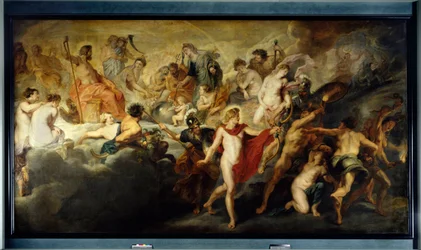 Mary de Mediciksen kierto: Ranskan ja Espanjan vastavuoroisten avioliittojen jumalien konsertti (tai neuvosto), sanoi kerran: Kuningattaren hallitus. Allegoria Ranskan kuningatar Marie de Mediciksen hallitukselle (1575-1642). Vasemmalla Jupiter ja Juno nai
