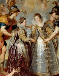 Ranskan ja Espanjan kahden prinsessan vaihto Bidassoa-joella Hendayessa, 11.9.1615 Allegorinen esitys Itävallan Annan ja Ludvig XIII:n avioliitosta toisaalta Isabellan (1602-1644) ja Philip IV:n välillä toisaalta