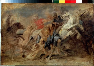 Leijonan metsästys. Peter Paul (Pierre-Paul) Rubensin (tai Peter Paul tai Petrus Paulus) maalaus (1577-1640). Öljy puulle, Mitat: 43 x 64 cm, noin 1621. Flanderin taidetta, barokkityyliä. Eremitaaši, Pietari.