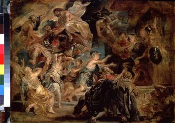 Henrik IV:n kuolema (1553-1610) ja valtiovallan julistaminen (Henry IV:n kuolema ja valtiovallan julistaminen). Peter Paul (Pierre-Paul) Rubensin (tai Peter Paulin tai Petrus Pauluksen) maalaus (1577-1640). Öljy puulle, 48 x 65 cm