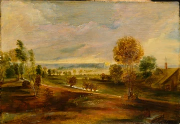 Maisema maatilarakennuksilla auringonlaskun aikaan, 1600-1640
