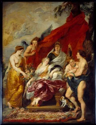 Ludvig XIII syntyi Fontainebleaussa 27. syyskuuta 1601. Hänen äitinsä Marie de Medicis (Maria de Medici) istuu valtaistuimella ja katsoo uutta ne. Pierre Paul (Pierre-Paul) Rubensin (tai Peter Paulin tai Petrus Pauluksen) maalaus (1577-1640)