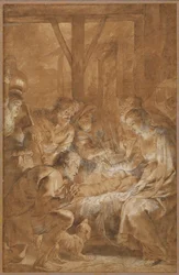 The Adoration of the Shepherds, n. 1613-1614 (kynä ja ruskea muste ruskealla pesuaineella ja valkoinen guassi)