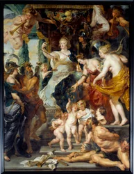 Kuningatar Mediciksen Marian (Maria de Medici) (1573-1642) (1573-1642) Regency-edustuksen Felicity voitossa Regencyn aikana. Pierre Paulin (Pierre-Paul) Rubensin (tai Peter Paulin tai Petrus Pauluksen) maalaus (1577-1640) 1600-luvun su. 3,94x2,95 m