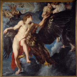 Ganymedeen sieppaus. Kun hän paimentaa laumaansa Troaksen Ida-vuorella, Zeus muuttuu kotkaksi ja vie hänet pois tehdäkseen hänestä rakastettunsa ja jumalten juomanlaskijan. Maalaus Pierre Paul (Pierre-Paul) Rubensin (tai Peter Paulin tai Petrus Paulin)