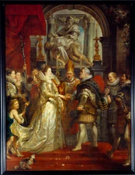 Maria De Medicin (Marie de Medicis) (1573-1642) ja Henrik IV:n avioliitto Firenzessä 10.5.1600. Pierre Paulin (Pierre-Paul) Rubensin (tai Peter Paulin tai Petrus Pauluksen) maalaus (1577-1640). 1700-luvun aurinko. 3,94x2,95 m