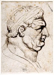 Vitellius, kymmenestä piirroksesta kahdeksasta ensimmäisestä kahdestatoista keisarista, Giovanni da Cavinon mitalien jälkeen (kynä ja muste paperille)
