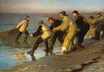 Kalastajat vetävät verkkoja Skagenin rannalla
