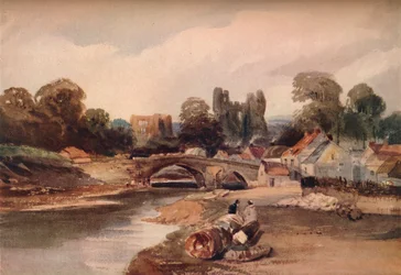 Kylä joen varrella, silta ja rauniot, v. 1824
