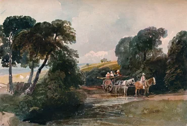 Heinäkärry ylittää puron, c1824