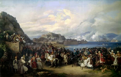 Prinssi Otton (1815-1867), Louis I:n poika Baviere debarquesta Nafpliossa 2.6.1833 ja hänestä tulee Kreikan kuningas. Peter von Hessin (1792-1871) maalaus (e.kaikki) 1835 su. 2,73 x 4,16 m München. Uusi Pinakothek.