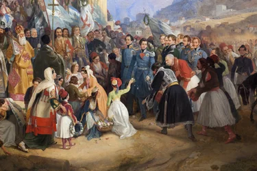Kreikan kuninkaan Othon I (1815-1876) sisäänkäynti Ateenaan, jonka väkijoukko toivotti tervetulleeksi Hephaistoksen (Hephaisteion) (Hephaistos) tai Theseionin temppelin edessä Agoralla (Kreikka)