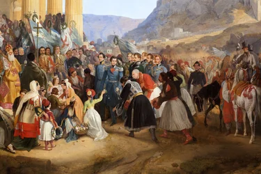 Kreikan kuninkaan Othon I (1815-1876) sisäänkäynti Ateenaan, jonka väkijoukko toivotti tervetulleeksi Hephaistoksen (Hephaisteion) (Hephaistos) tai Theseionin temppelin edessä Agoralla (Kreikka)