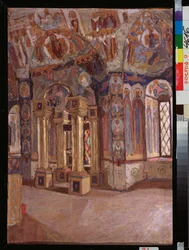 O interior da igreja de São João Evangelista em Rostov (Rússia). Obra de Pyotr Ivanovich Petrovichev (Piotr Petrovichev) (1874-1947), óleo sobre papelão finlandês
