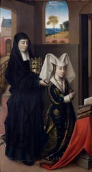 ""Portugalilaisen Isabellan (1397-1471) muotokuva, edustettuna Pyhän Elisabetin kanssa" (Portugali Isabel Pyhän Elisabetin kanssa) Petrus Christuksen (1410/20-1475/76) maalaus - 1457-1460 - Öljy puulle Koko 59x33 cm Groeningemuseum, Brugg