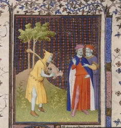 Royal 15 D.11 fol.262 Hullu pienen eläimen kanssa, Guiart de Moulinsin (vellum) "Bible Historialesta"