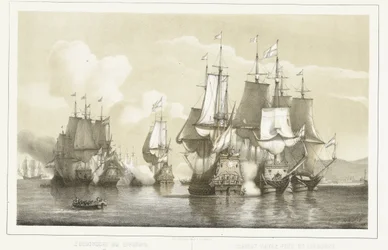 Livornon meritaistelu, 1653 Meritaistelu Livornossa. 14. maaliskuuta 1653 / Combat naval près de Livourne. 14. maaliskuuta 1653 (otsikko esineessä)