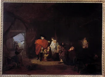 Ludvig XVI:n ihmisyyden piirre: talvi 1784 kuningas antaa almonin Versaillesin asukkaille Louis Philibert Debucourtin (1755-1832) maalaus 1785 Su. 0,61x0,83 m