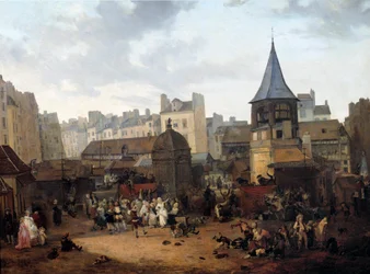 Pariisin aux Hallesin kaupungin 21.1.1782 antamat iloisuudet ranskalaisen Dauphin Louis Josephin (1781-1789) syntymän johdosta Louis Philibert Debucourtin (1755-1832) maalaus 1782 Su. 0,89x1,16 m Pariisi, Musee Carnavalet
