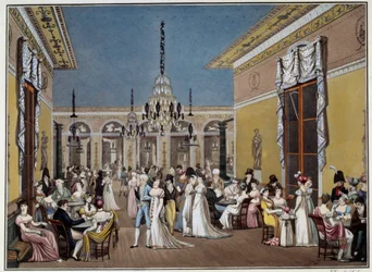 Cafe Frascatin suuri salonki. Philibert-Louis Debucourtin litografia (1755-1832)