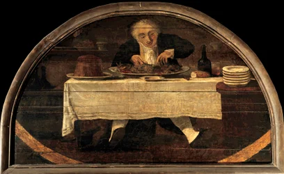 Gourmantti opettaa Corcelletille päivittäistavaroita kerran kuninkaallisessa palatsissa. Mies pätevä mage lautanen äyriäisiä ja mereneläviä. Louis Philibert Debucourtin (1755-1832) maalaus