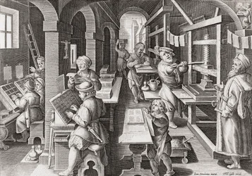 Eurooppalainen kirjapaino noin 1590 (kaiverrus)