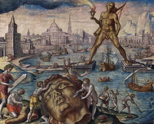 Sept merveilles du monde : "Le colosse de Rhodes" (Colosso di Rodi) - Rodoksen kolossi (sarjasta "Maailman kahdeksas ihme") Maarten van Heemskerckin jälkeen - Galle, Philipp (1537-1612) ) - 1572 - Etsaus, akvarelli - Bibliotheque muni