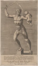 Levy 1: Saturnus, alaston jumalan patsas, joka seisoo sokkelilla, pitelee viikatettä oikealla..., 1586.