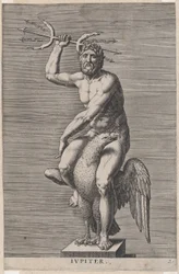 Levy 2: Jupiter, kotkan selässä istuvan alastonjumalan patsas, jolla on kaksoiskolmio, edestakaisin..., 1586.