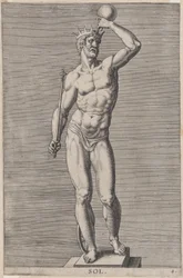 Levy 4: Apollo, alaston jumalan patsas seisomassa sokkelissa, kruunu ja kädessään..., 1586.