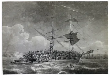 Ranskalaisen briggin (tiili) muotokuva, La Chevrette (epävarma). Philippe Jacques de Loutherbourgin (1740-1812) musteeseen kastama.