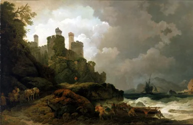 Kalastusvene vedetään rantaan lähellä Conwy Castlea (Wales). Philippe-Jacques (Philippe Jacques) de Loutherbourgin (1740-1812) öljy kankaalle, noin 1800.