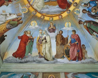 Dante ja Beatrice puhuvat Piccardalle ja Constancelle teoksesta "Autuasten ja empyrean taivaat", Dante Room (fresko)