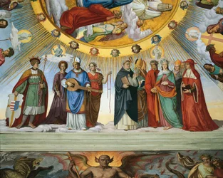 Dante ja Beatrice puhuvat viisauden opettajille "siunattujen ja empirelaisten taivaasta", Dante Room (fresko)