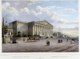 Edustajainkamari (kansalliskokous) - teoksessa "Kävelyretki Pariisissa ja sen ympäristössä", suunnitelleet Jacottet ja Benoist, noin 1840