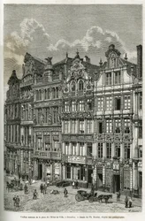 Vanhoja taloja kaupungintalon aukiolla Brysselissä. Kaiverrus Ph. Benoist, havainnollistaa Belgian tarinaa Camille Lemonnierin, julkaistu tour du monde, Edouard Chartonin (1807-1890) johdolla, Pariisi