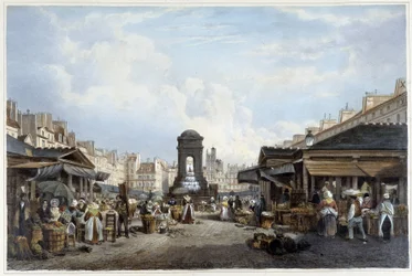 Kävely viattomien suihkulähteen ympärillä, n. 1840 - in "" Promenade dans Paris et ses environs"", ill. kirjoittanut Jacottet ja Benoist, Paris, v.1840