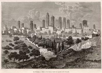 Näkymä San Gimignanoon (Toscana, Italia). Kaiverrus Ph. Benoistin piirustuksen jälkeen havainnollistamaan matkaa Toscanaan ja Umbriaan, Francis Wey, vuonna 1875, julkaistu "" Le tour du monde"" 1876, toimittanut Edouard Charton, Hachette painos, Pariisi. S