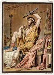 Agamemnon, puku Jean Racinen näytelmään "Ifigeneia Auliissa", teoksen "Tutkimuksia kaikkien kansojen puvuista ja teatterista" osasta II, kaivertanut Pierre Michel Alix (1762-1817), 1802