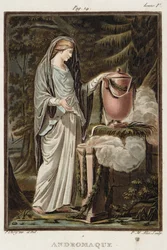 Andromakhe, puku Jean Racinen näytelmään "Andromakhe", teoksen "Tutkimuksia kaikkien kansakuntien puvuista ja teatterista" osasta I, kaivertanut Pierre Michel Alix (1762-1817), 1802