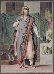 Antiokhos, puku Jean Racinen näytelmään ”Berenike”, teoksen ”Tutkimuksia kaikkien kansojen puvuista ja teatterista” osasta II, kaivertanut Pierre Michel Alix (1762-1817), 1802