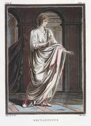 Britannicus, puku Jean Racinen näytelmään ”Britannicus”, teoksen ”Tutkimuksia kaikkien kansakuntien puvuista ja teatterista” osasta II, kaivertanut Pierre Michel Alix (1762-1817), 1802