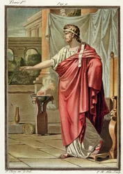 Pyrrhos, puku Jean Racinen näytelmään "Andromakhē", teoksen "Tutkimuksia kaikkien kansakuntien puvuista ja teatterista" osasta I, kaivertanut Pierre Michel Alix (1762-1817), 1802