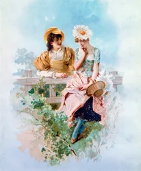 Luottamus Kaksi nuorta tyttöä kuiskaamassa salaisuuksia. Philippe Jacques Linderin (1835-?) litografia 1800-luvun yksityinen kokoelma