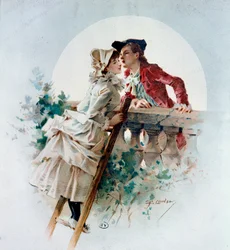 Hellä suudelma. Kuutamossa suutelevaa paria esittävä galantti kohtaus. Philippe Jacques Linderin (1835-?) litografia. 1800-luku. Yksityiskokoelma