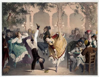 Gridissä on suosittua Bullier Scene -viihdettä. Philippe Jacques Linderin litografia (1835-?). Sarjan tapojen ja toimien museo. Carnavalet-museo, Pariisi