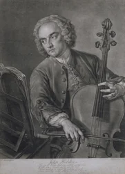 Händelin orkesterin sellisti John Hebdenin (fl.1740-60) muotokuva, kaiverrus John Faber (1684-1756), 1741