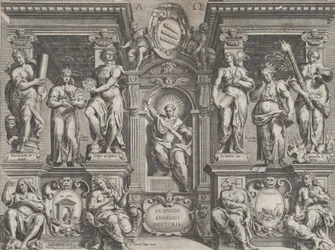 Arkkitehtoniseen rakenteeseen asetettu allegorinen opinnäyteteos, jossa on erilaisia hahmoja, 1608.
