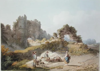 Gate of Carisbrook Castle, Englannin ja Walesin romanttisista ja maalauksellisista maisemista, julkaistu 1805 (värikaiverrus)