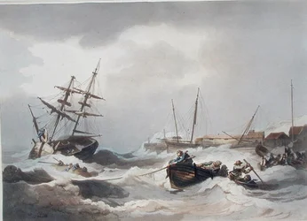 Storm off Margate, Englannin ja Walesin romanttisista ja maalauksellisista maisemista, julkaistu 1805 (värikaiverrus)